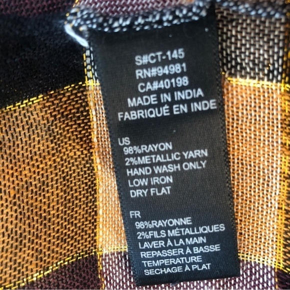 Forever 21 Scarf Square Buffalo Check Ivory Black Orange Metallic Thread Fringed - Picture 15 of 16